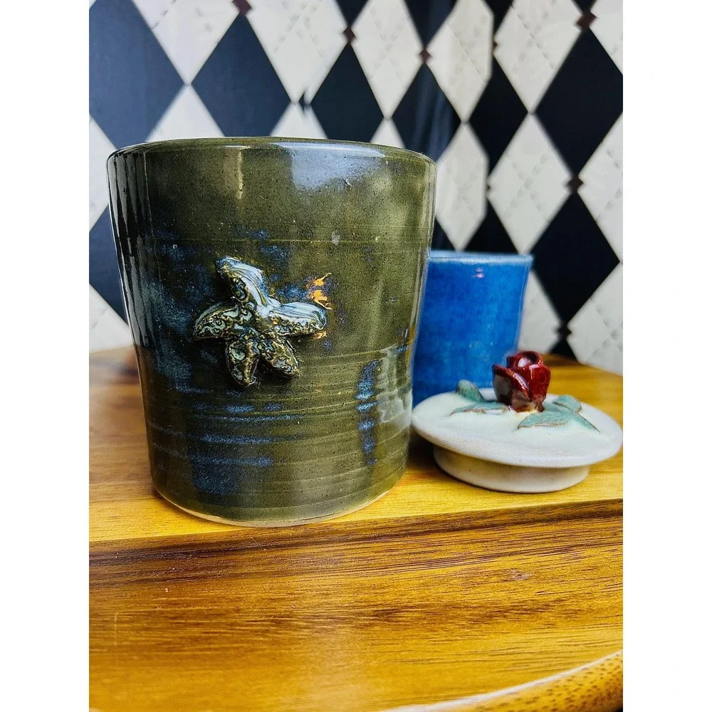 Signed Coastal Studio Pottery Green Blue Glazed Vase‎ Starfish Planter Ceramic